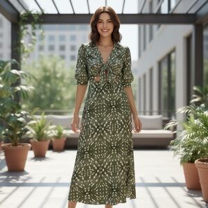 Madison Garrison Green Tie-Front Dress and open tummy.Lightweight and fresh.